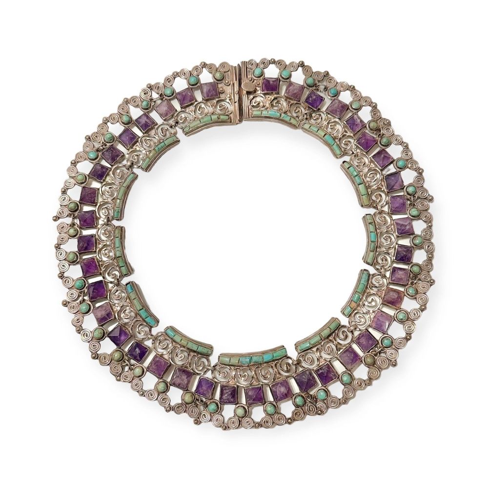 Vintage Matl Matilde Poulat Sterling Silver Jeweled Choker Necklace